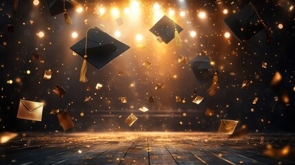 Graduation stage background with black balloons and gold confetti, black caps