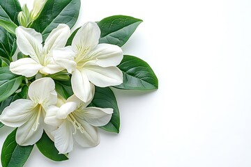 Obraz premium White flowers and green leaves on white background.