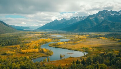 Fototapeta premium Autumnal River Valley Scenic Mountain Landscape