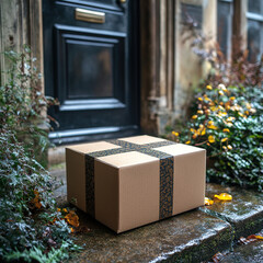 gift box located in front of the door of the house