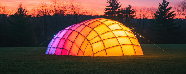 Obraz premium Recycle conservation renewal sustainability concept. Colorful illuminated dome structure against a vibrant sunset sky.