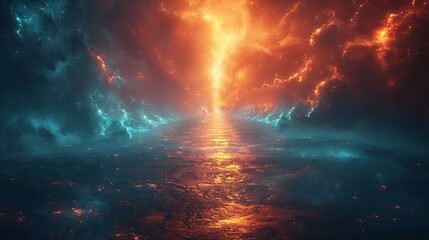 An abstract, glowing pathway of light leading into infinite darkness