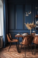 Classic Modern Dining Room Interior with Blue Accent Wall and Luxury Furniture, 3D Render Mockup