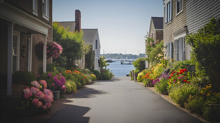 Quiet waterfront street in Newport Rhode Island with colonial-style homes and vibrant flower gardens