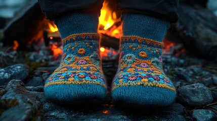Warm woolen socks by a campfire.