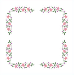 Elegant green vegetal ornamental frame with leaves and pink flowers, clematis; decorative border, corners for greeting cards. Isolated vector illustration	
