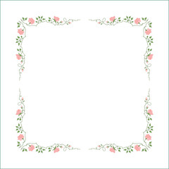 Green vegetal frame with pink rose flowers, rose thorns, climbing, decorative corners for greeting cards, banners, business cards, invitations, menus. Isolated vector illustration.	

