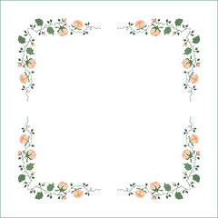 Green vegetal frame with pink rose flowers, rose thorns, climbing, decorative corners for greeting cards, banners, business cards, invitations, menus. Isolated vector illustration.	
