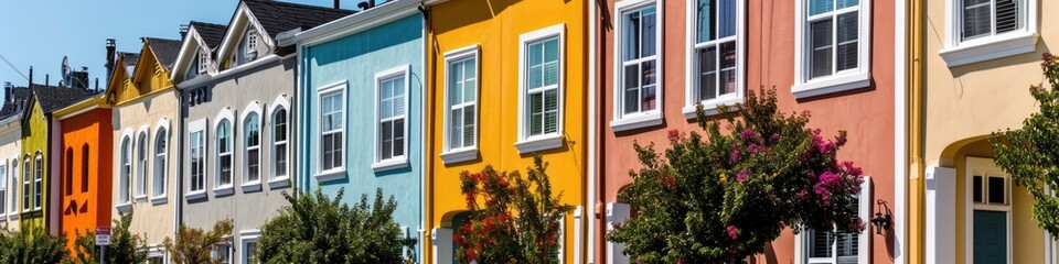 Colorful Row House Facades: Traditional Suburban Townhome Architecture