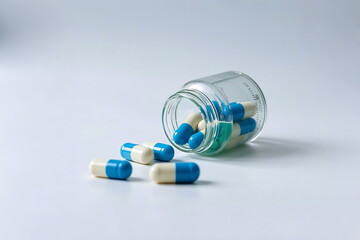 Blue and White Medicine Capsules Scattered from a Glass Jar