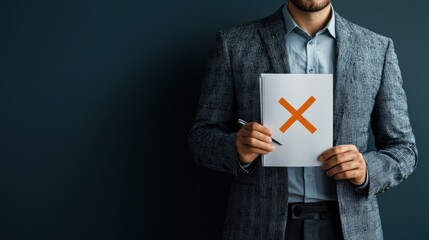 Document evaluation error with red cross mark in professional setting