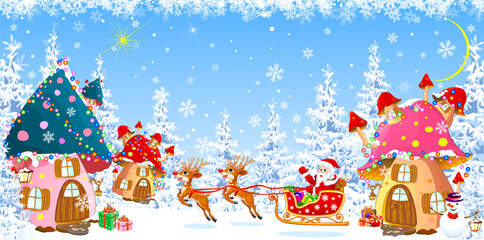 Santa wishes you a Merry Christmas 1. Santa on a sleigh against the background of mushroom houses and winter forest. Garland decorations. Beautiful Christmas trees. Gifts in the snow