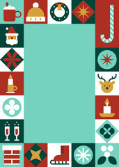 Festive Christmas Card Template with Colorful Border and Icons for Holiday Greetings