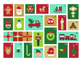 Colorful Flat Style Advent Calendar with Christmas Icons