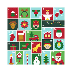 Colorful Advent Calendar with Festive Holiday Icons for Christmas Countdown