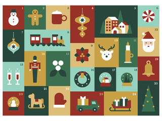 Classic Christmas Advent Calendar with Traditional Holiday Icons