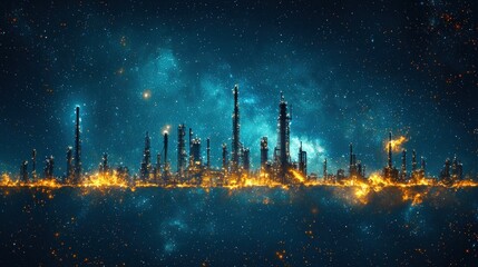 Fototapeta premium Futuristic Cityscape Under a Starry Sky: A Digital Painting of an Imaginary Metropolis Glowing Against the Cosmos