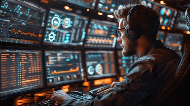 A hacker manipulating cryptocurrency markets from a dark room filled with digital wallets and blockchain code on screens 