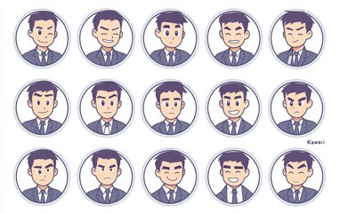 A collection of circular icons depicting an office worker in a suit, with a simple line drawing in a Japanese manga style. 