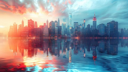 new york skyline double exposure, light colours, clean modern look for financial newsletter service