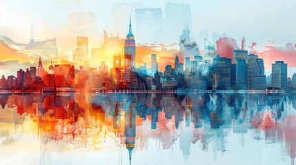 new york skyline double exposure, light colours, clean modern look for financial newsletter service