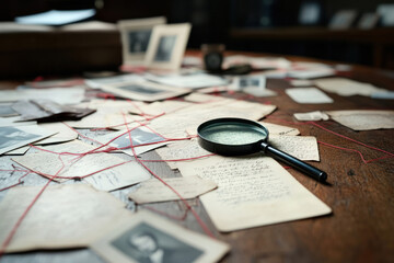 Investigation of old photographs and documents with a magnifying glass on a wooden table during research