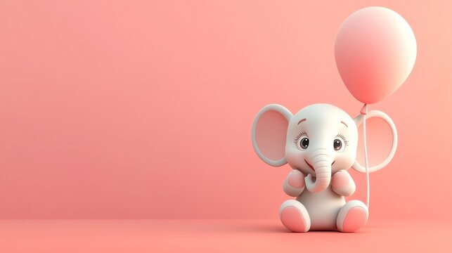 Cute cartoon elephant holding a pink balloon on a pink background.