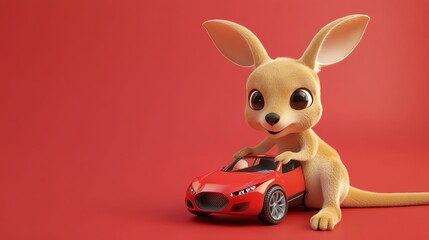 A cute cartoon kangaroo sitting with a red toy car on a red background.