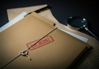 Mysterious top secret folder surrounded by documents and a magnifying glass in a dimly lit room
