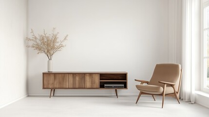 Fototapeta premium A minimalist interior with a wooden table and a tan armchair in a white room