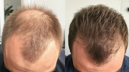 Obraz premium close-up, high angle view, comparison photo of a man's hair before and after hair loss treatment, the left image shows a bald spot, and the right image shows thick hair