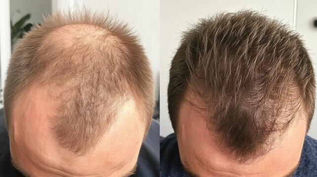 close-up, high angle view, comparison photo of a man's hair before and after hair loss treatment, the left image shows a bald spot, and the right image shows thick hair