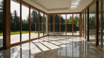 bright sunroom with marble flooring, large glass windows, and natural light creating beautiful shadows. serene outdoor view enhances peaceful atmosphere