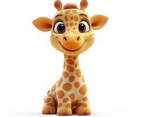 Adorable cartoon baby giraffe sitting, isolated on white background.