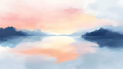 Fototapeta premium A serene landscape painting depicting a calm lake at sunset with soft colors and reflections.