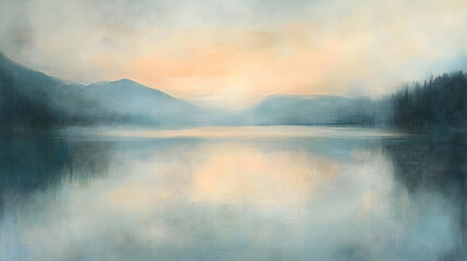 Serene landscape featuring misty mountains and a calm lake at sunrise.