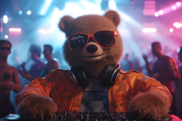 Bear DJ in a vibrant nightclub setting, mixing music amidst a lively crowd.  He's wearing cool sunglasses and a trendy orange jacket.