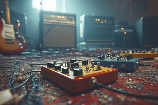 Guitar effects pedals and amps on carpet.