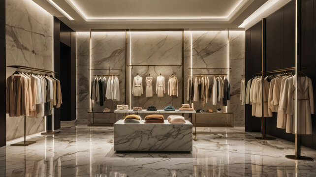 Chic boutique interior featuring marble flooring and elegant clothing displays. sophisticated design creates luxurious shopping experience with soft lighting