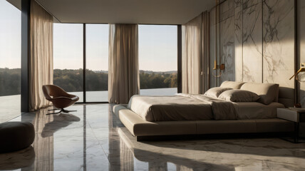 minimalist bedroom featuring marble flooring, large windows, and soft natural light. serene atmosphere is enhanced by elegant furnishings and beautiful view