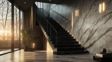 Naklejka premium modern staircase with marble flooring, illuminated by natural light, creates elegant atmosphere. design features sleek lines and contemporary aesthetic, enhancing space beauty
