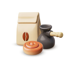 Coffee Paper bag package, turk for coffee and bun 3D cartoon plastic style vector icon, realistic pouch coffee, bakery