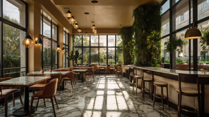 Fototapeta premium vibrant cafe with marble flooring, large windows, and lush greenery creates welcoming atmosphere. natural light enhances modern design, inviting guests to relax and enjoy