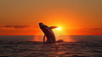 A close-up of a humpback whale making a whale jump and bursting out of the ocean at sunset 