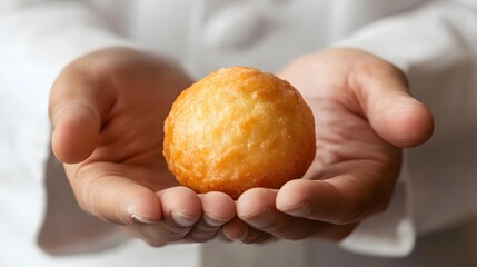 A chef holds a golden, round fried pastry in their hands, showcasing culinary skill and craftsmanship.