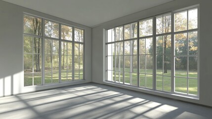 Fototapeta premium Serene Interior: Sunlight Through Expansive Windows Showcasing a Tranquil Autumnal Landscape