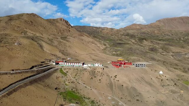 An aerial view of komic village with beautiful himalaya mountains and komic monastery. Komic village is the world's highest motorable village in spiti valley, himachal pradesh, India.