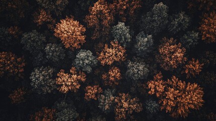 Fototapeta premium Aerial View of Autumnal Forest Canopy Showing Diverse Tree Colors