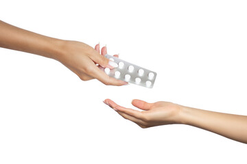 Hand of young woman holding blister with white round pills and giving them to someone. Gesture...