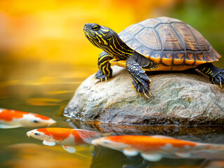 Fototapeta premium Turtle on Rock Surrounded by Colorful Koi Fish in Serene Garden Pond Setting
